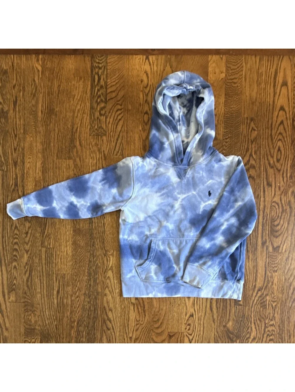 Polo Ralph Lauren Kids Blue/White Tie-Dye Fleece Hoodie Logo Pockets M 10-12